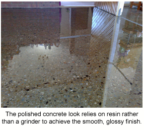 The polished concrete look in a home using a clear epoxy with a high-gloss finish.