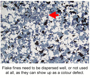 A close-up photo of a flake floor showing how flake fines can appear as a colour defect.