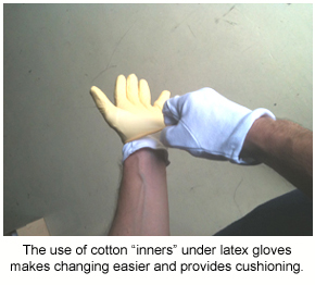 Cotton "inner" gloves like these can make for easier application.