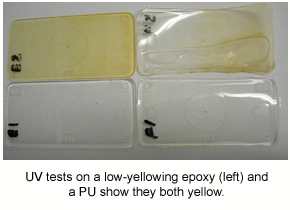 An image showing how UV tests yellow both epoxy and PU samples.