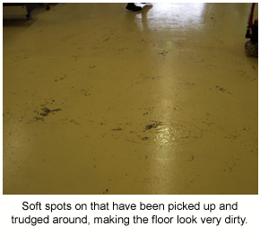 Soft spots, or soft patches, creating a dirty looking floor.