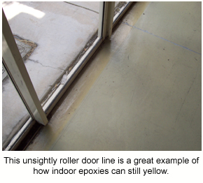 A roller door line showing how indoor epoxies can still yellow.