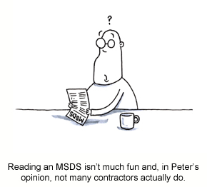 A caricature of a contractor reading an MSDS with a confused look on their face.