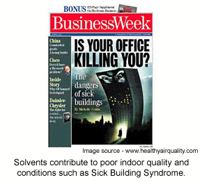 A magazine cover promoting an article on solvents and indoor air quality.