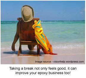 A hypothetical epoxy business owner relaxing on the beach during a holiday.