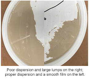 A sample of pigmented rollcoat showing the difference between good and bad dispersion of fillers.